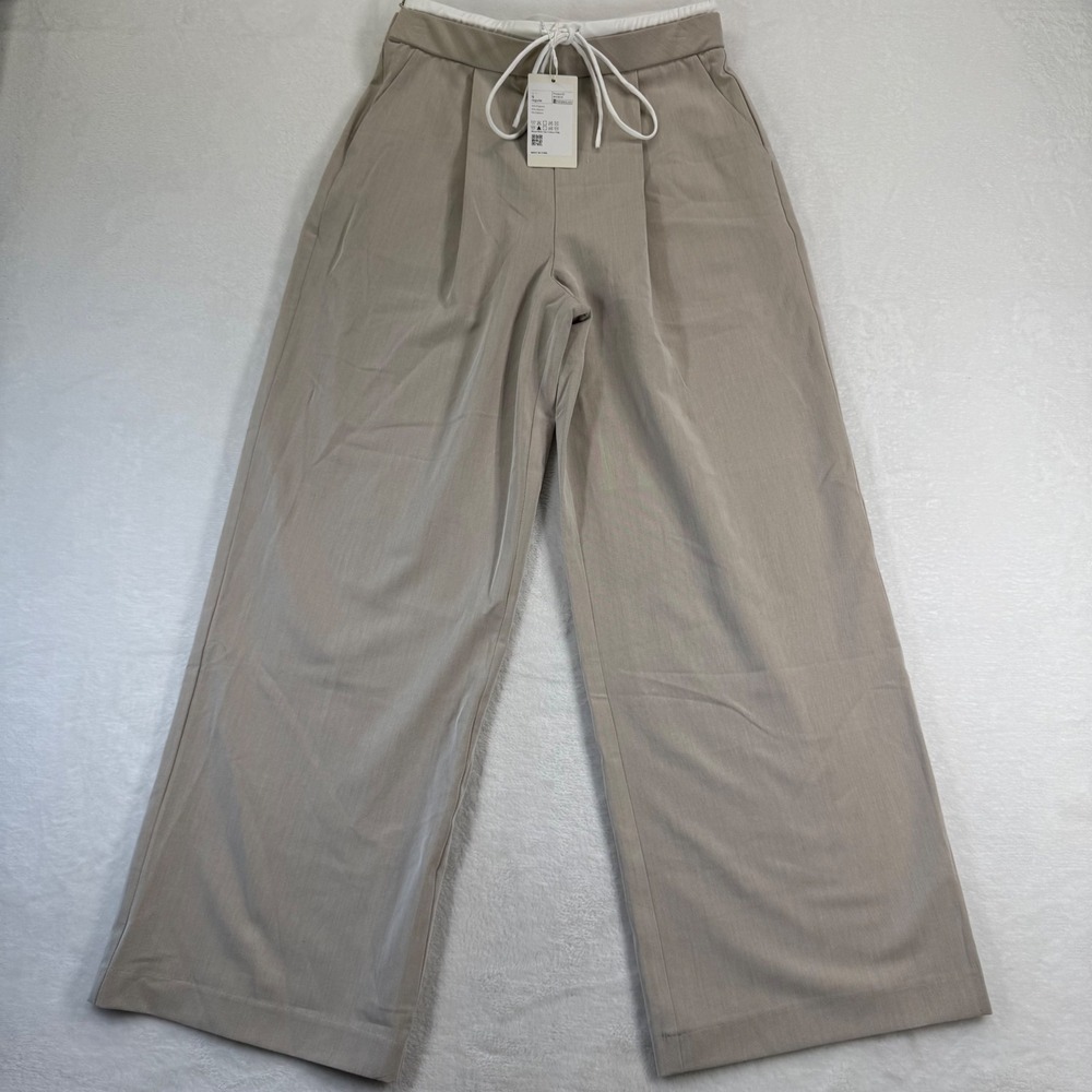 Halara Beige Wide Leg Pleated Trousers High Waisted Drawstring Pants Small NEW